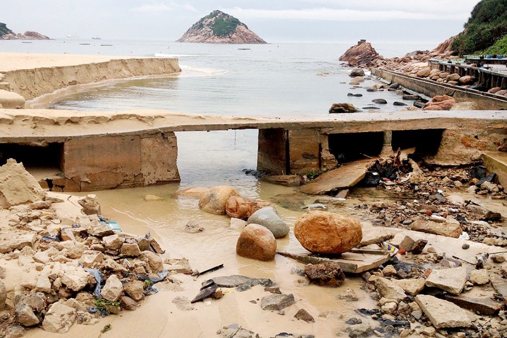 Part of the western shore of Shek O Beach was washed away by the overflow of water from blocked storm drains. Photo: Yves Sieur