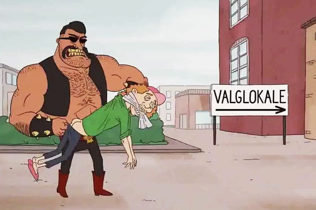 The muscled, hairy-chested "Voteman" slapping and hurling non-voters  in a 95-second video on YouTube.