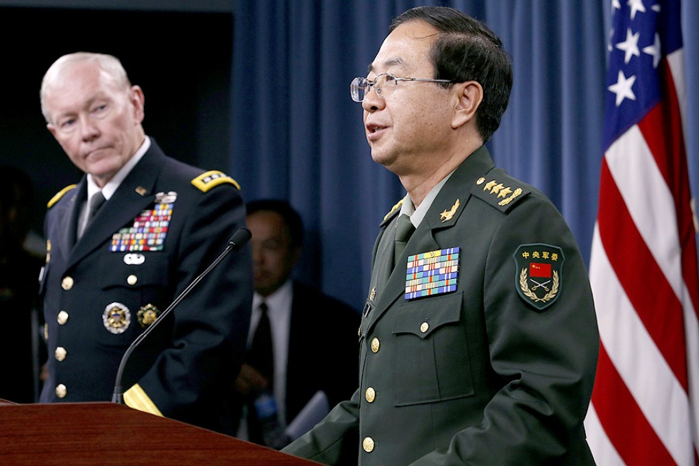 Chief of the General Staff of the Chinese People's Liberation Army General Fang Fenghui holds a joint news conference with Chairman of the US Joint Chiefs of Staff General Martin Dempsey on Friday. Photo: Reuters