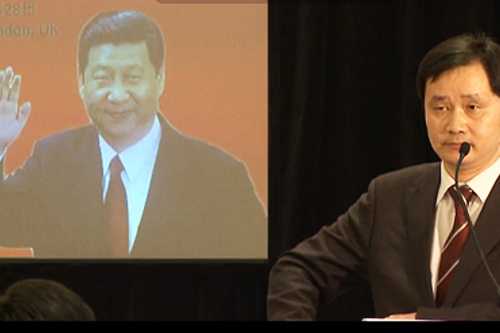 Publisher Edward Huang (right) hosted a forum last month on how Xi Jinping "will change the world", in a screengrab from a video of the event on Youkou.com. Photo: SCMP Pictures