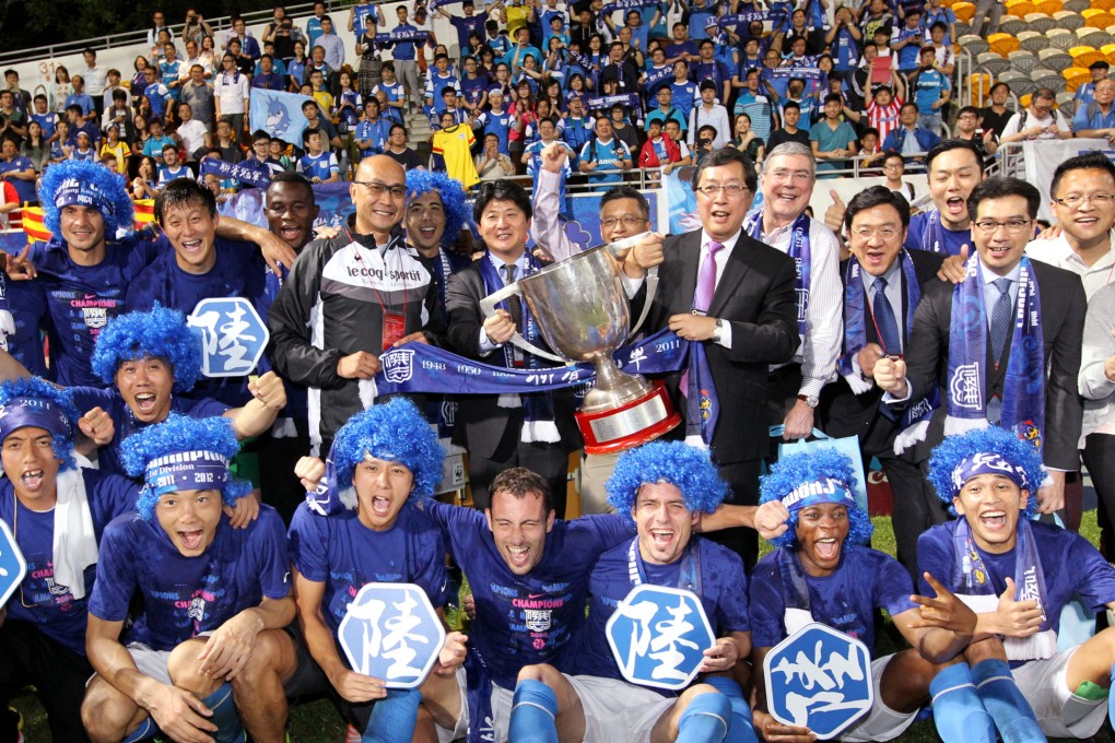 Kitchee celebrate winning the Hong Kong First Division League at Mong Kok Stadium last month. They are looking to add to that silverware today. Photo: Felix Wong