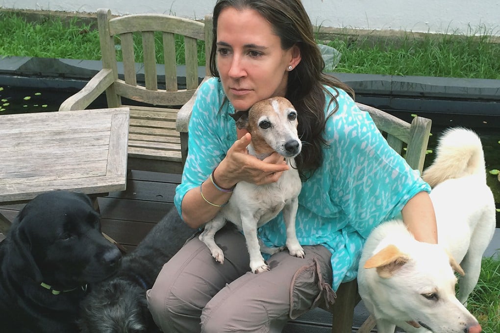 Katie Heyring with the four dogs which were with her when Charlie the dog was attacked and killed by a python in the Sai Kung countryside.