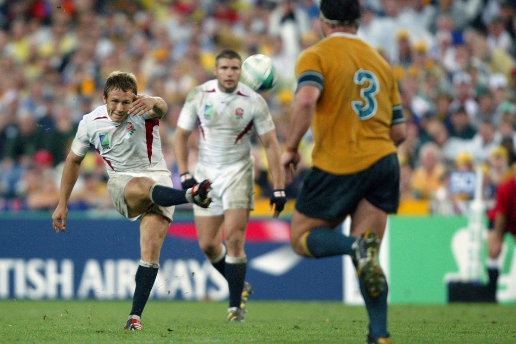 England’s Jonny Wilkinson kicks the winning drop goal against Australia in the Rugby World Cup final in Sydney in 2003. England won 20-17 after 20 minutes of extra time. Photo: AP