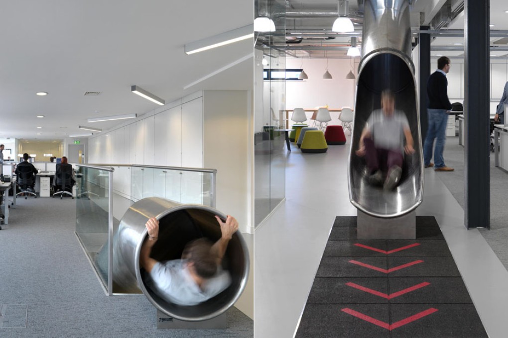The office slide, designed by Guy Hollaway for the Workshop, provides quick circulation between floors and helps enliven the working environment. Photos: Guy Hollaway
