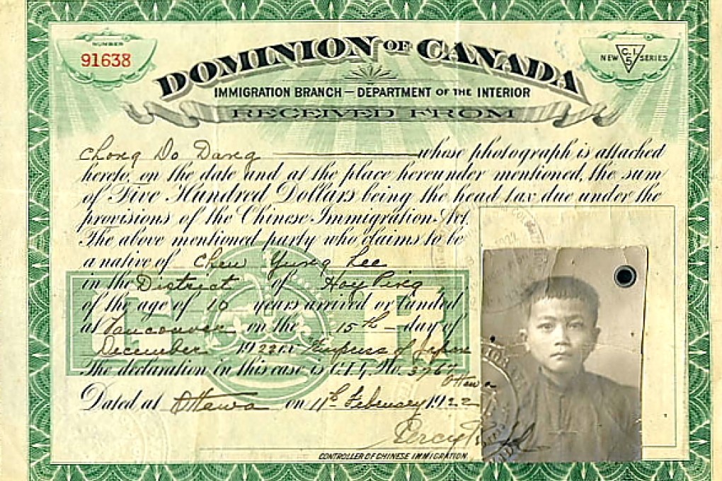 A head tax certificate dated 1922, a year before the tax was abolished in favour of the more-draconian Chinese Exclusion Act.