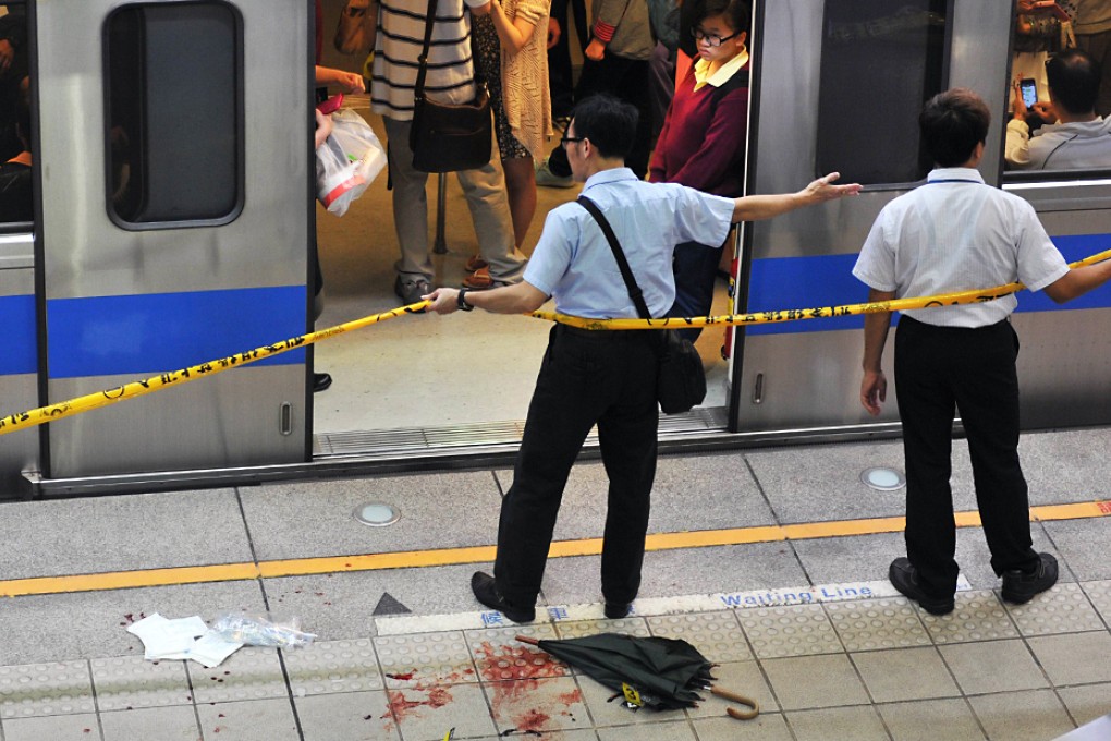 Police blockade the scene of a stabbing incident at the Jiangzicui Station of the Taipei Metro. Photo: AFP