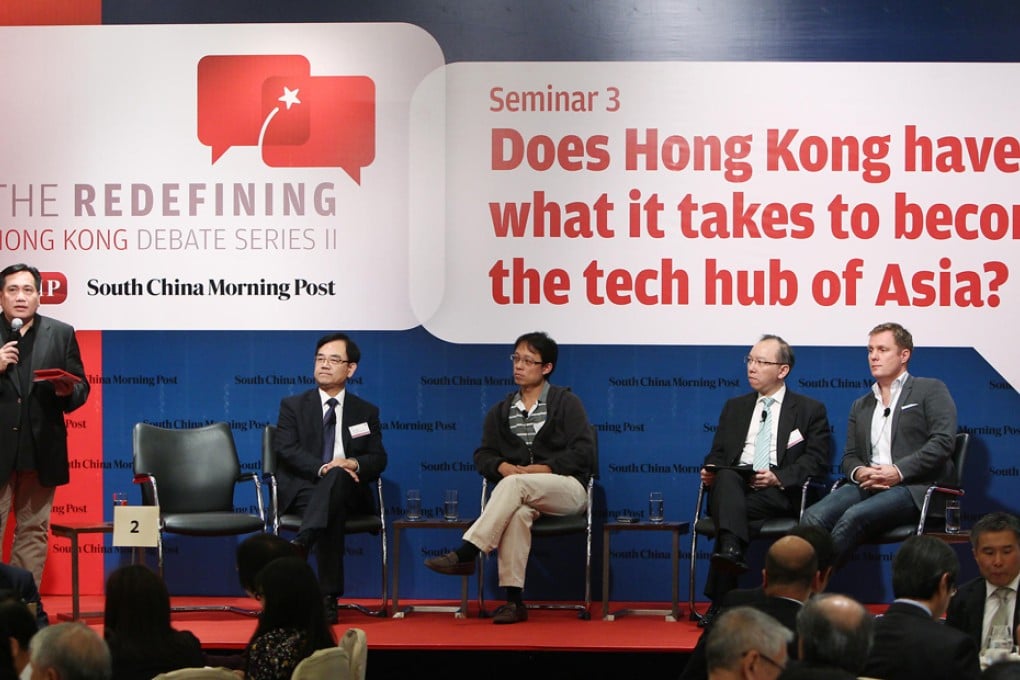 From left: SCMP reporter Bien Perez, Hong Kong Science &amp; Technology Parks CEO Allen Ma, Outblaze CEO Siu Yat, information officer Victor Lam and Simon Squibb. Photo: Jonathan Wong