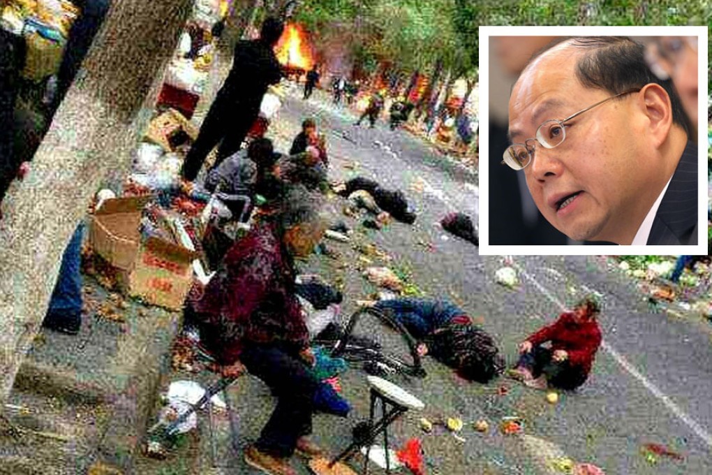 Victims of the street market attack in Urumqi. Andy Tsang (inset) said the police force is assessing whether the current alert level needed to be raised after Thursday's bloodshed in Xinjiang. Photos: AFP, SCMP