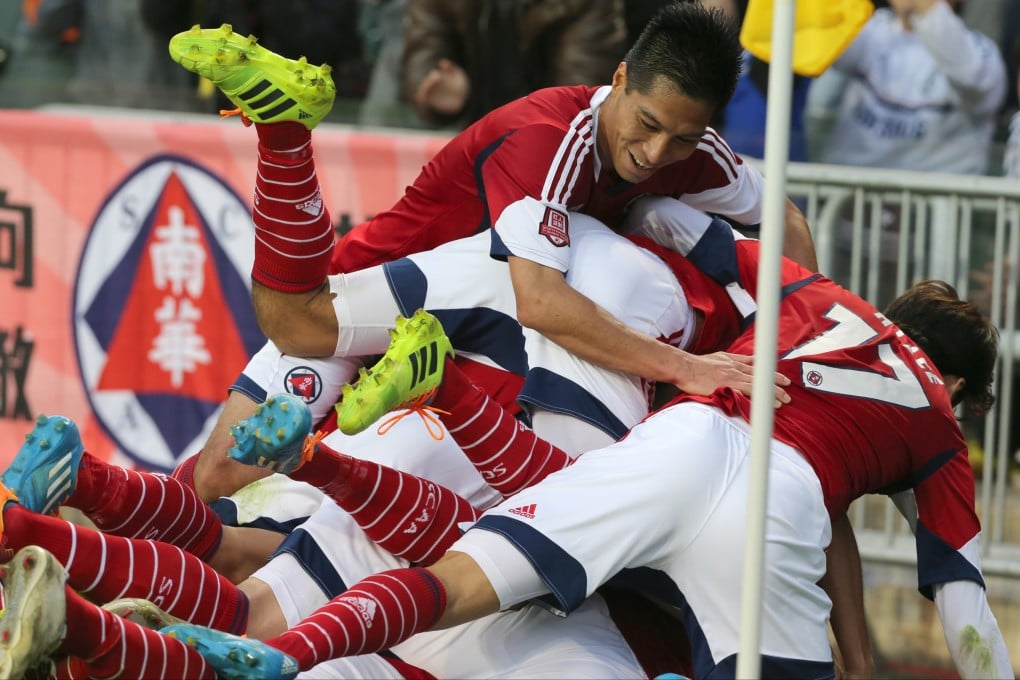 South China celebrate a goal en route to beating Sun Pegasus in the Canbo Senior Shield in January. The two clubs are among only six who have committed to the Premier League next season, leaving its viability in serious doubt. K.Y. Cheng