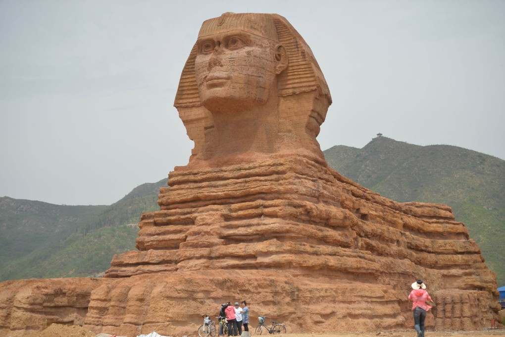 The full-size replica of the Great Sphinx of Giza in Donggou village in Shijiazhuang, north China's Hebei province. The replica will be dismantled after an Egyptian ministry complained about the structure. Photo: AFP