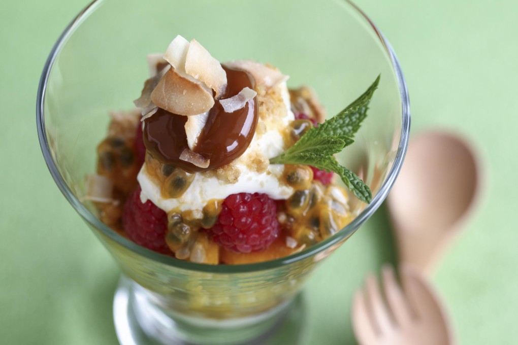 Mascarpone with fresh fruit, caramel beurre salé, toasted coconut and macadamia nuts
