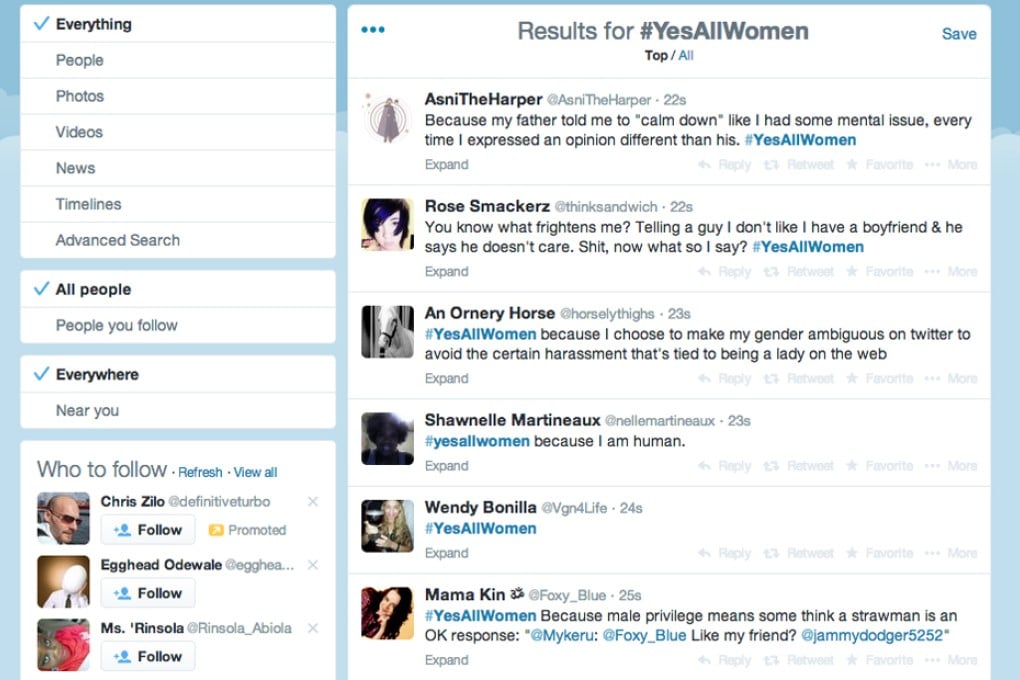 The hashtag #YesAllWomen was launched to allow women to share stories of misogyny in the wake of Elliot Rodger's assault.
