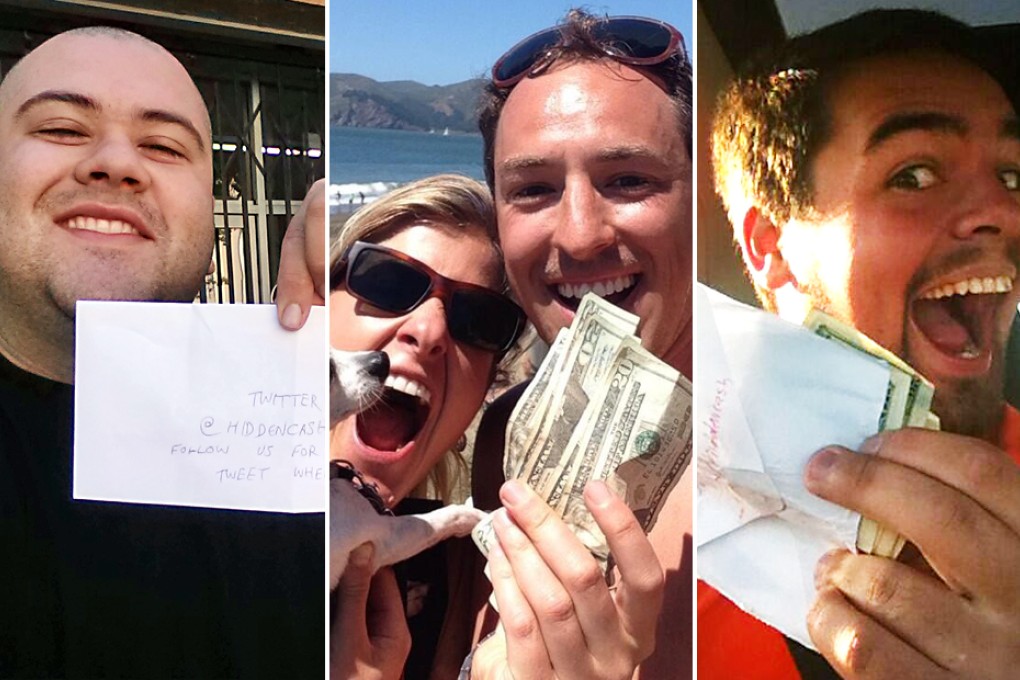 (From left) Sergio Loza, Simon Ostler and Matthew Burkert show holding up an envelope that had cash hidden in it in San Francisco. They followed the clues from a Twitter user using the handle @HiddenCash to find the money. Photo: AP