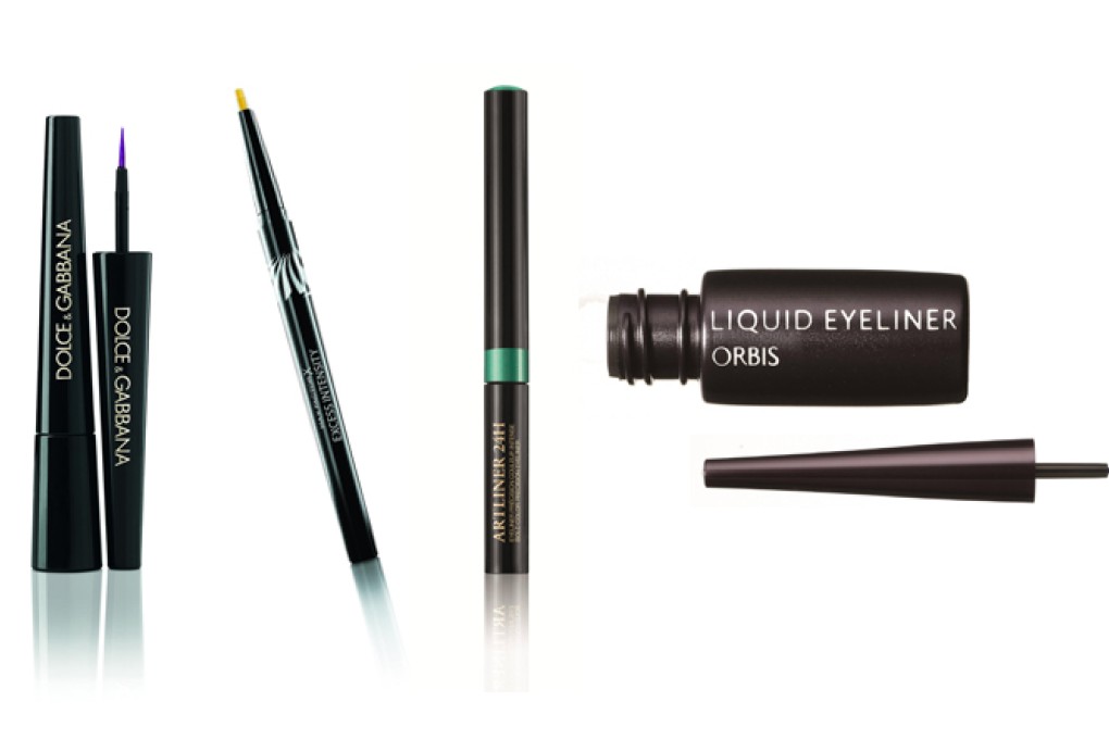 From left: Dolce & Gabbana’s The Glam Liner Intense Liquid Eyeliner; Max Factor’s Excess Intensity Eyeliner; Lancome’s Artliner 24H; Orbis’ Liquid Eyeliner Navy Planet