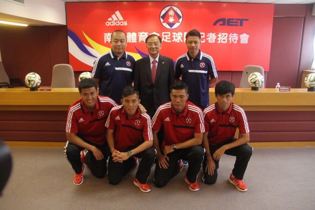 South China's management and players at yesterday's announcement. Left to right back row: assistant team manager Jackal Hui Ka-chuen, convenor Wallace Cheung Kwong-yung, head coach Yeung Ching-kwong. Front row: Chan Wai-ho, Kwok Kin-pong, Chan Siu-ki, Leung Chun-pong. Photo: Chan Kin-wa