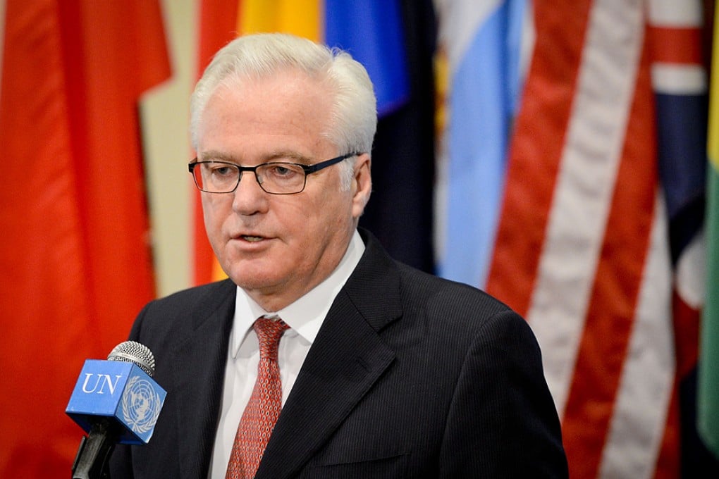 Vitaly Churkin, Russia's permanent representative at the UN, addresses reporters at the end of closed council consultations in New York on Monday. Photo: Xinhua