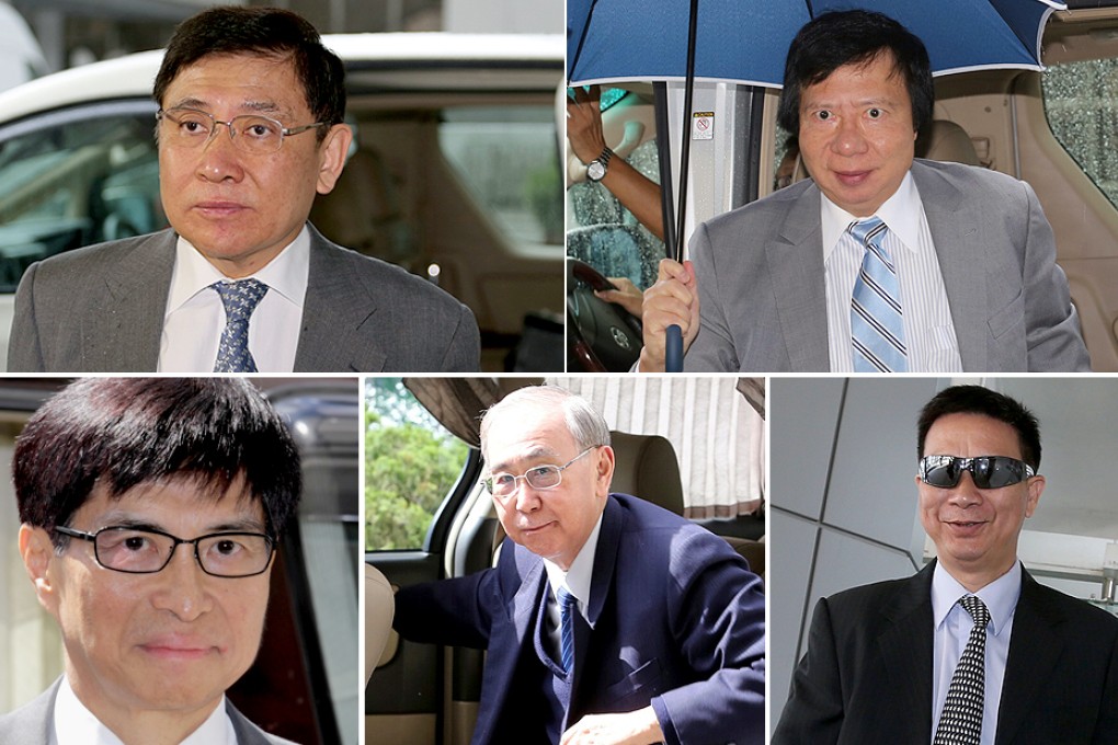 (From top left) Billionaire brothers Raymond Kwok Ping-luen, Thomas Kwok Ping-kwong. (From Bottom left) Thomas Chan Kui-yuen, former chief secretary Rafael Hui Si-yan, executive director of SHKP and former Hong Kong Stock Exchange official Francis Kwan Hung-sang. Photos: Felix Wong and Nora Tam