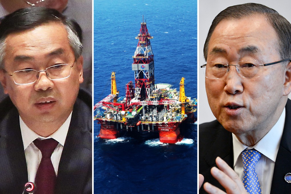 China Deputy U.N. Ambassador Wang Min (left) sent a “position paper” on the rig’s operation in the South China Sea to Secretary general Ban Ki-moon (right). Photos: AP, Xinhua