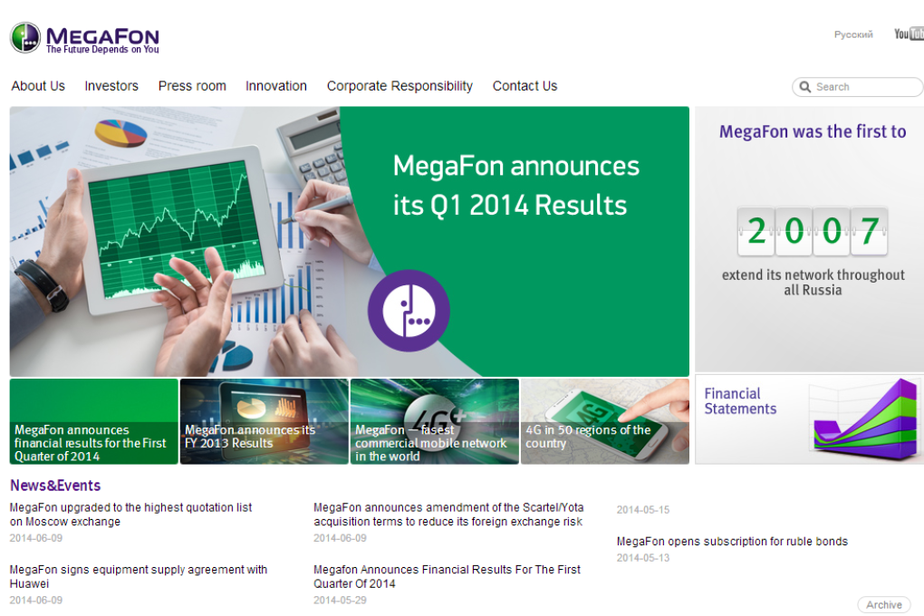 MegaFon agreed to buy at least US$600 million of equipment from Huawei Technologies. Photo: Screenshot from company website