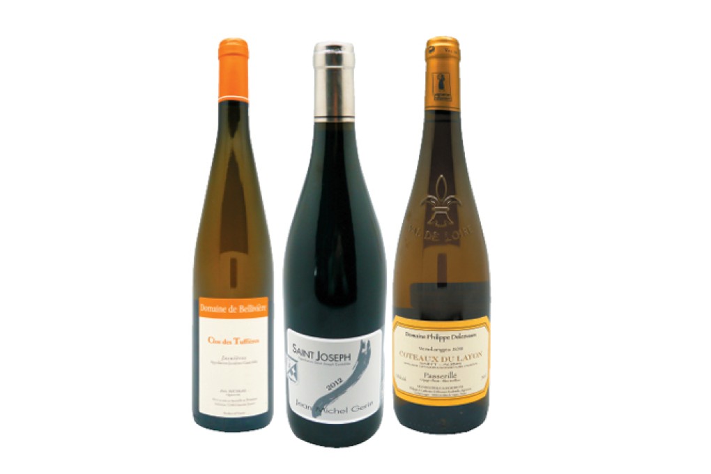 From left: Domaine de Belliviere, Clos des Truffieres Jasnieres AOC; Jean-Michel Gerin St Joseph 2012; Domaine Philippe Delesvaux, Passerille, Saint-Aubin, Coteaux du Layon 2011