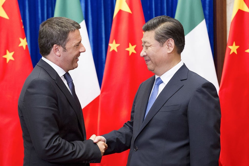 Italian Prime Minister Matteo Renzi with Chinese President Xi Jinping in Beijing on Wednesday. Photo: Xinhua