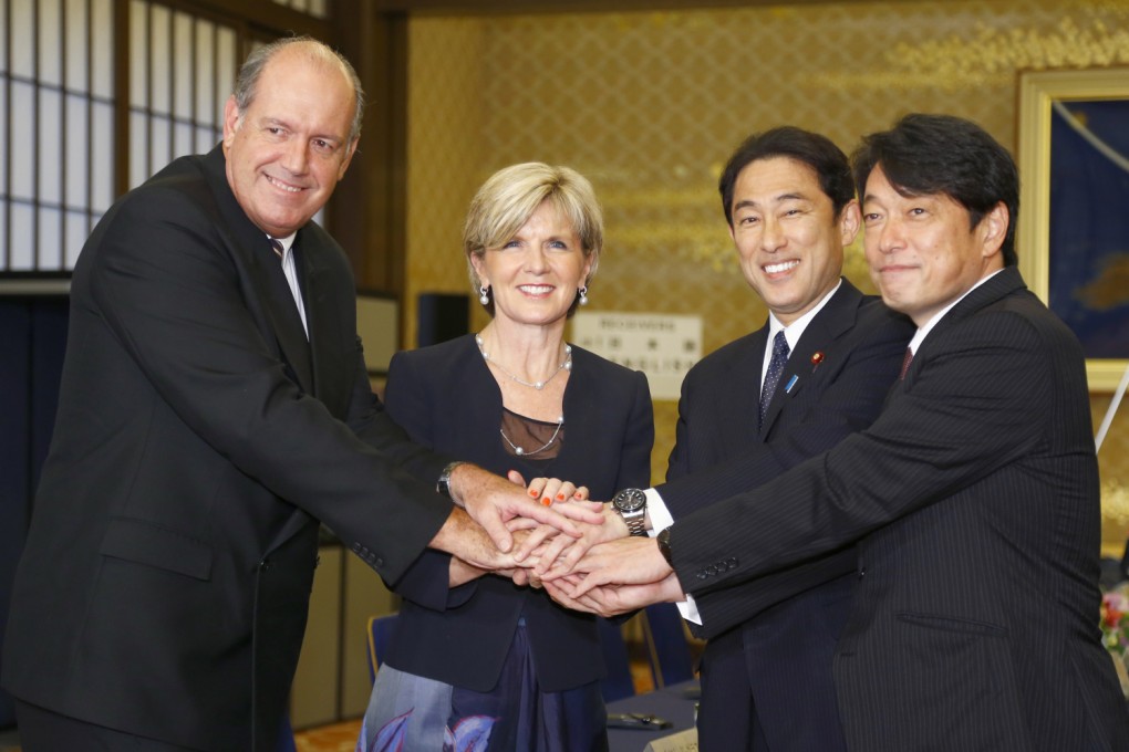 Australian Foreign Minister Julie Bishop, together with Defence Minister David Johnston, met their Japanese counterparts Fumio Kishida and Itsunori Onodera in Tokyo. Photo: AP