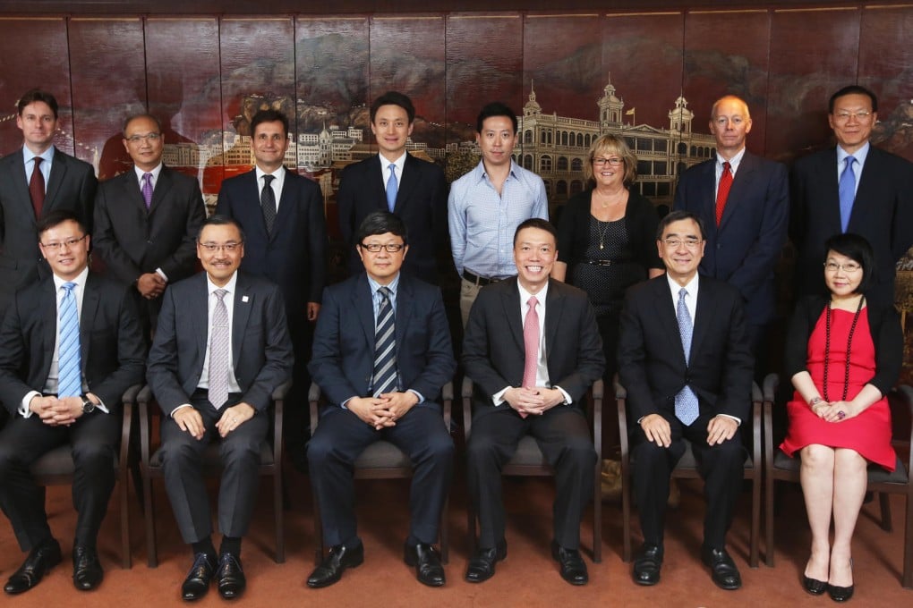 (Front row, from left) Johnny Kwan, the national president of Junior Chamber International Hong Kong; Ronald Yam, the divisional president for Greater China at CPA Australia; Robin Hu, the chief executive of SCMP Group; Ken Lee, the head of commercial for Asia-Pacific and managing director for Hong Kong and Macau at DHL Express; Richard Wong, professor of economics at the University of Hong Kong; Janice Choi of the Chinese General Chamber of Commerce; (back row, from left) Nick Edwards, the business editor of the SCMP; Raymond Lee, the managing director of strategy and business development at Citic Securities; Paul Salnikow, the chairman of the Executive Centre; Harold Wong, the managing director of Dah Sing Banking Group; Norman Lee, the managing director of Lee &amp; Man Chemical; Sally De Souza, the group public relations manager at Mandarin Oriental Hotel Group; Andrew Stokes, the managing director of ClarityEnglish; and Albert Chan, the head of commercial banking at HSBC. Photo: Sam Tsang