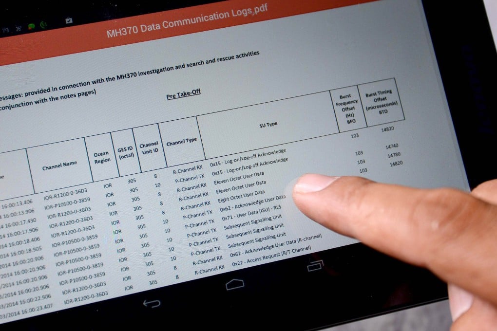 Data communication logs from Inmarsat  on missing Malaysia Airlines flight MH370. The search for the flight is yet to target the most likely crash site, Immarsat said. Photo: AFP