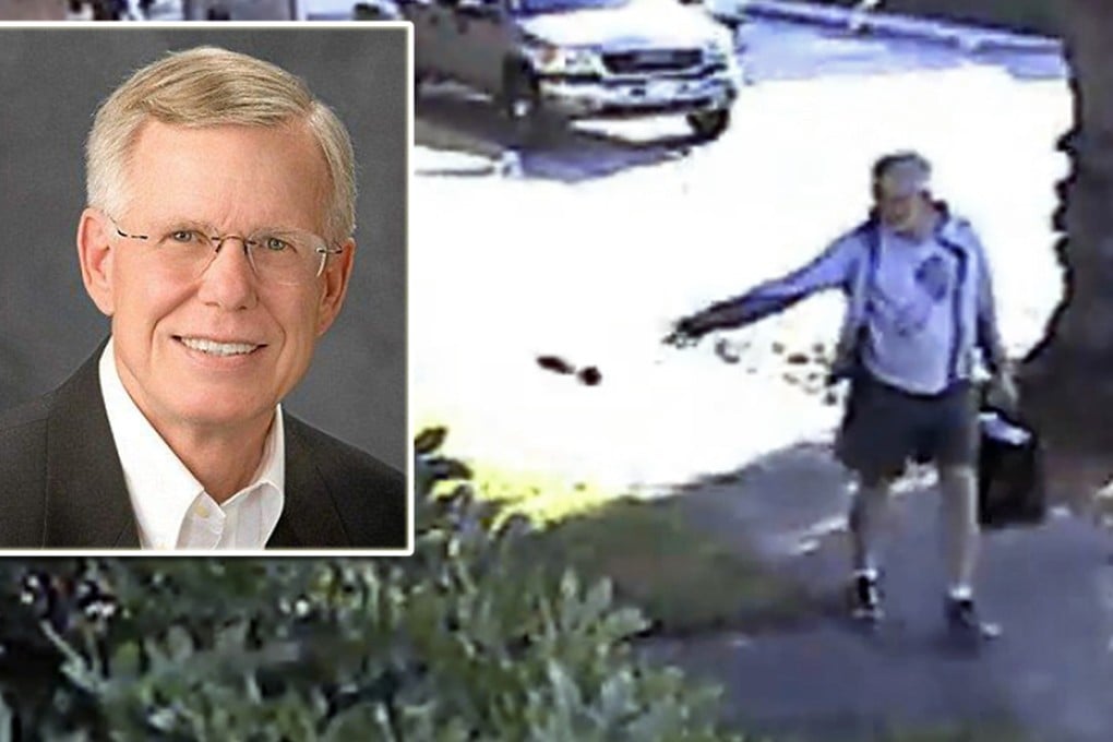 A  security video shows Dennis Kneier, the mayor of San Marino, California, tosses a bag of dog waste onto the property of his Lao, in San Marino. Photo: AP