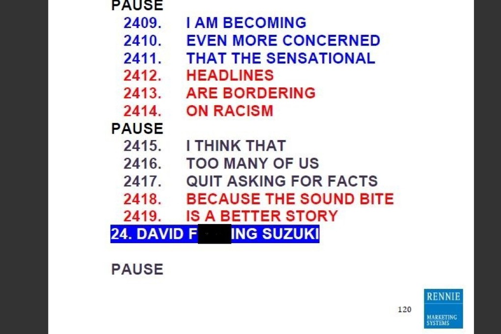 A screenshot of Bob Rennie’s notes for his speech to the Urban Development Institute on May 15. The blacked-out epithet referring to David Suzuki was not spoken by Rennie. Photo: Handout