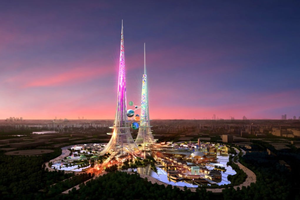 Artist's impression of the two towers. A 1,000 metre-high skyscraper that could be the tallest building in the world will be built in central China. Graphic: Chetwoods Architects