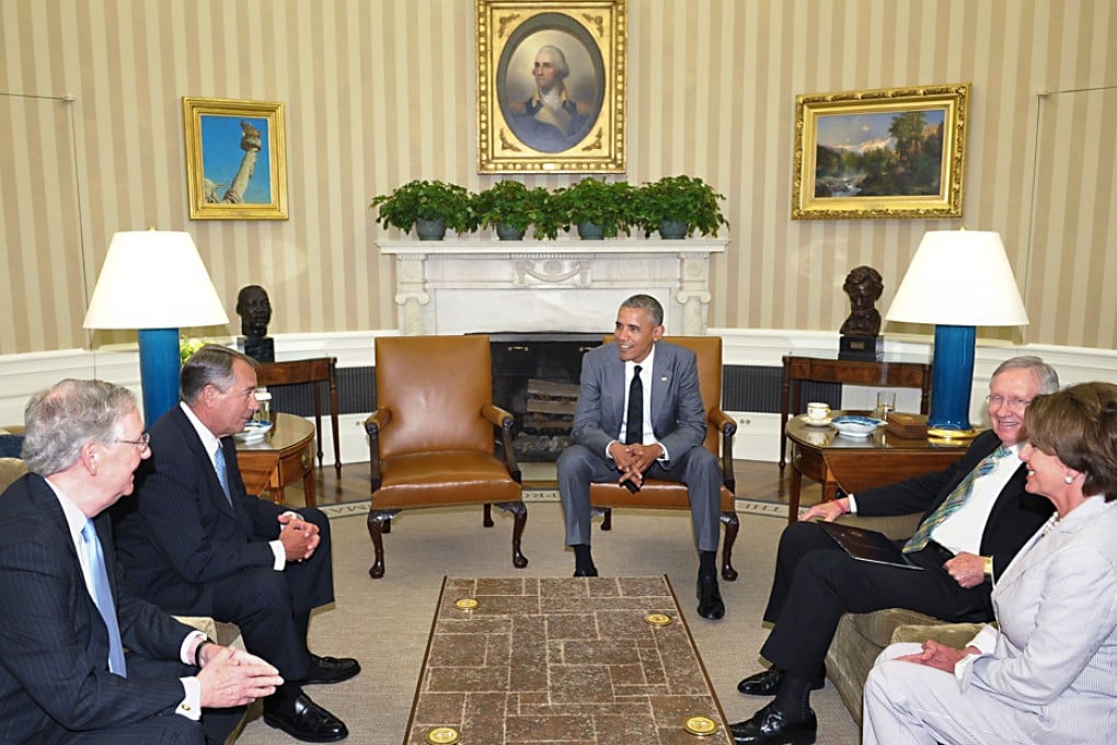 US President Barack Obama meets with Congressional leadership including Senate Minority Leader Mitch McConnell (from left), House Speaker John Boehner, Senate Majority Leader Harry Reid and House Minority Leader Nancy Pelosi in White House. Photo: AFP