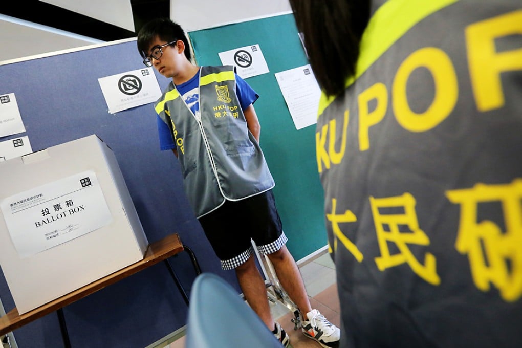 A volunteer from HKU Public Opinion Programme stands next to a ballot box set up for the June 22 referendum at the University of Hong Kong. Photo: Felix Wong