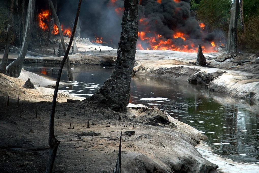 Oil from a leaking pipeline burns in Goi-Bodo, a swamp area of the Niger Delta. Photo: Reuters