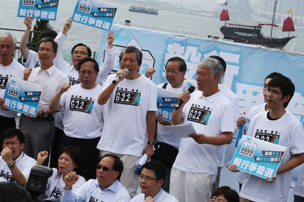 Pan-democratic groups announce the details of campaign to march in 18 districts to call for Hongkongers to vote in June 20-22 referendum.