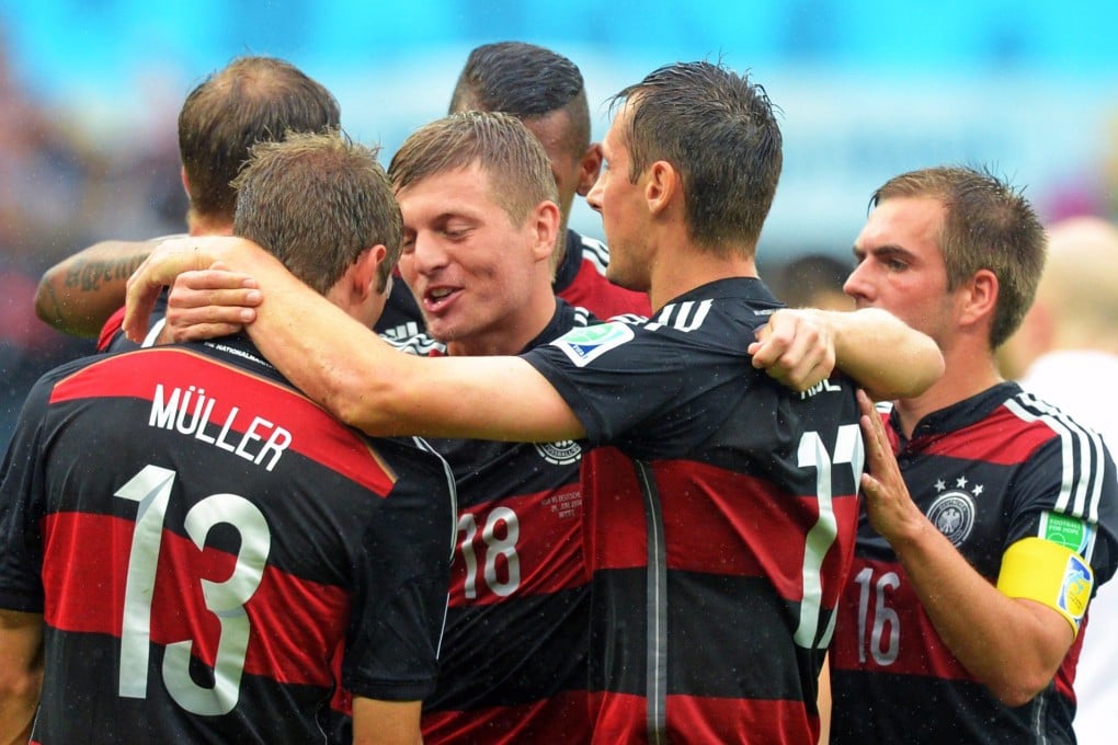 Thomas Mueller celebrates his goal, his fourth of the tournament to make him joint top scorer. Photo: AP