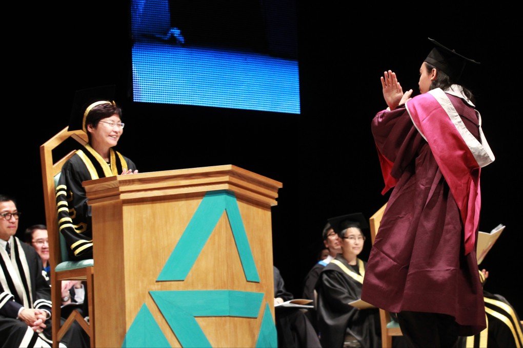 Students at the APA graduation ceremony did not bow to Chief Secretary Carrie Lam. Photo: Edward Wong