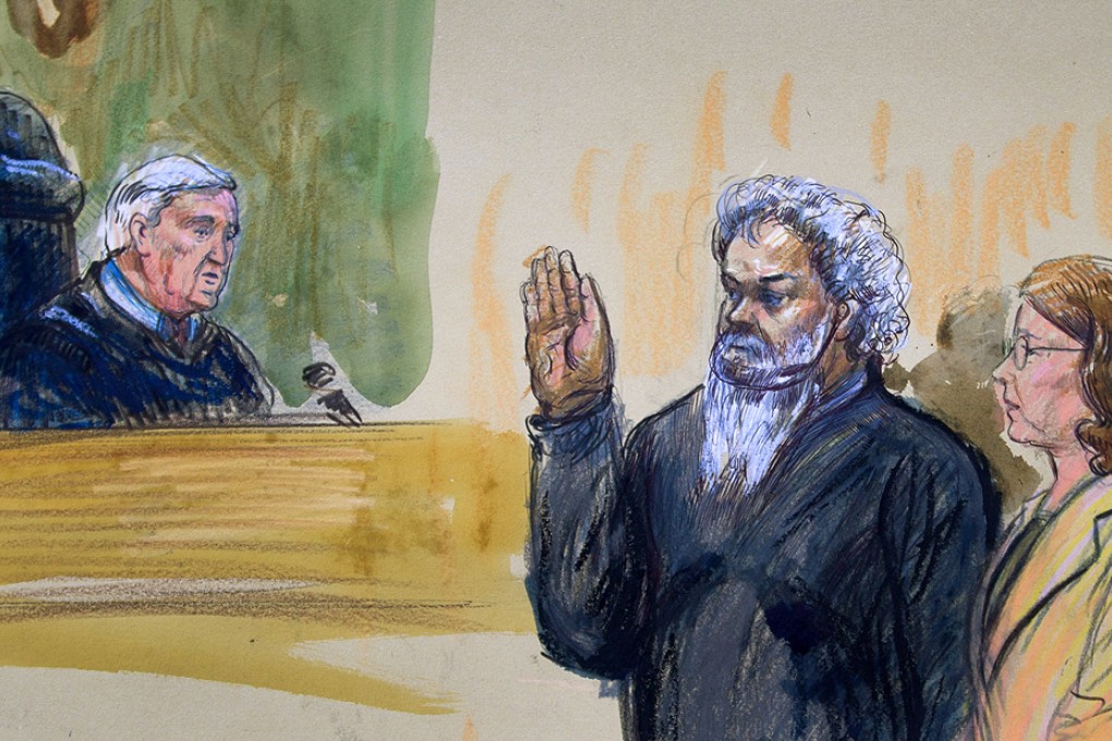 This artist's rendering shows US magistrate, Judge John Facciola, swearing in the defendant, Libyan militant Ahmed Abu Khatallah as his attorney Michelle Peterson looks on during a hearing at the federal court in Washington on Saturday. Photo: AP