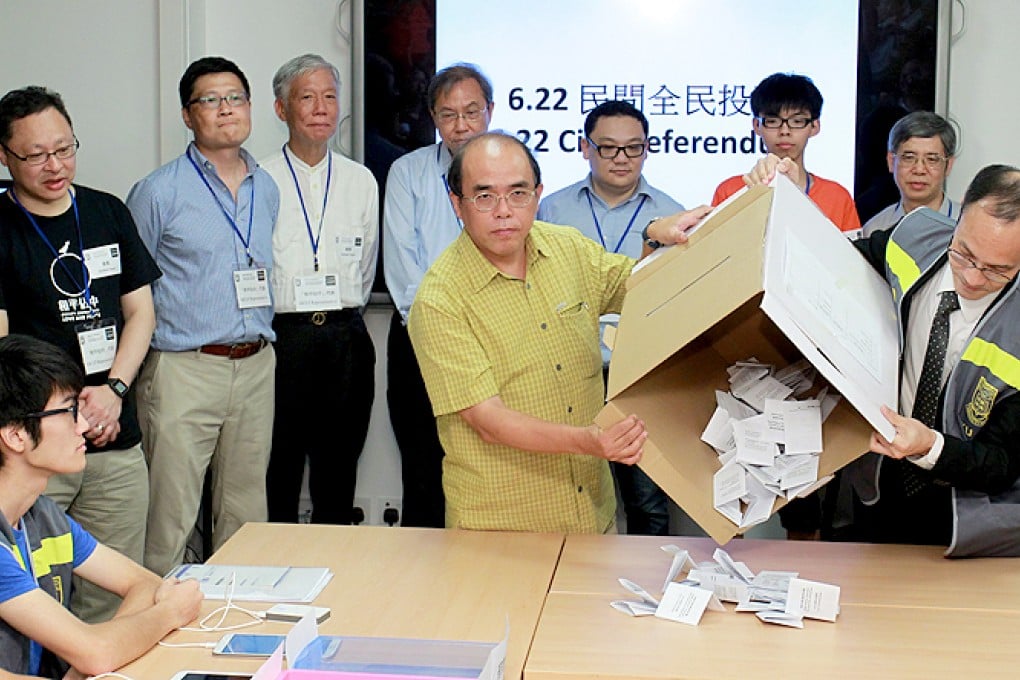Members of the Occupy Central movement, the Alliance for True Democracy, People Power and Scholarism watch as the first ballot box from the University of Hong Kong's polling station is opened yesterday. Photo: Dickson Lee