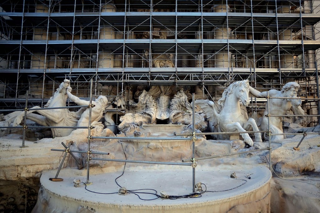 Scaffolding at the site of the Trevi Fountain restoration. Photo: AFP