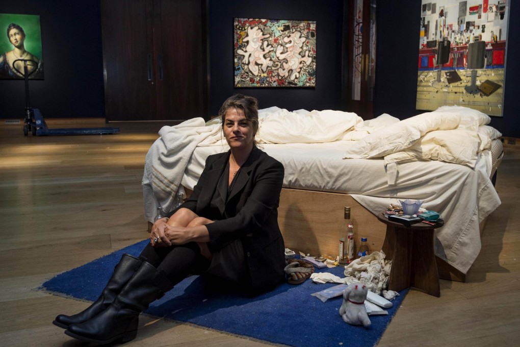 Tracey Emin and her art installation before the auction. Photo: AFP