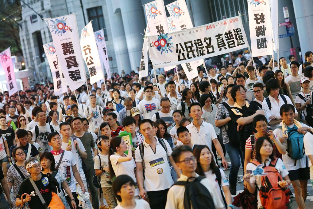 Protesters march on the streets to demand universal suffrage in Hong Kong.