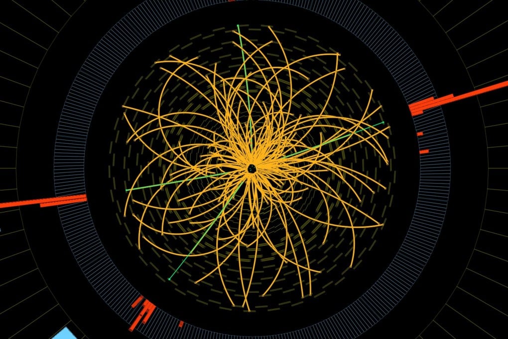 A graphic representing traces of a proton-proton collision measured by specialised equipment in the Large Hadron Collider. Photo: AFP