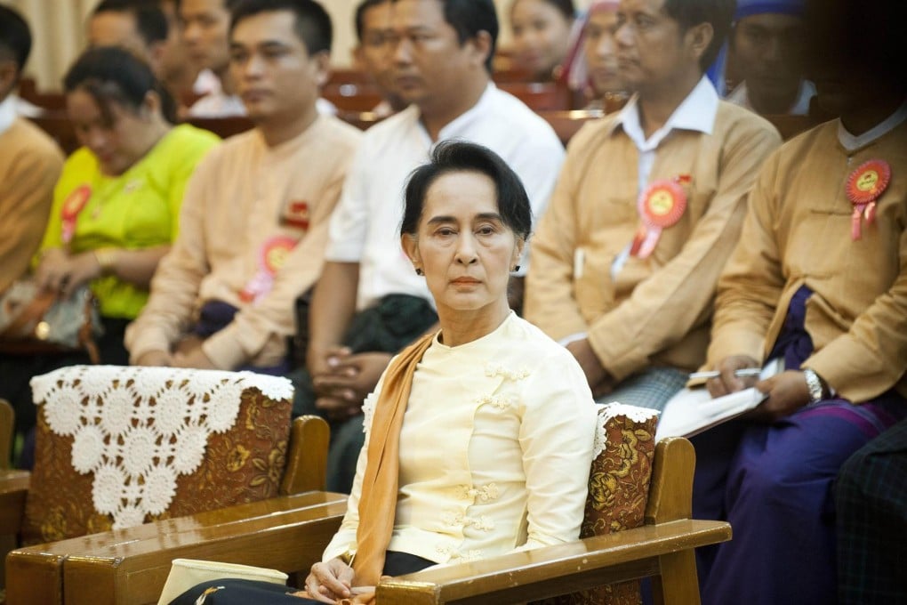 Myanmar's pro-democracy leader Aung San Suu Kyi attends her party's first nationwide youth conference in Yangon yesterday. Photo: AFP