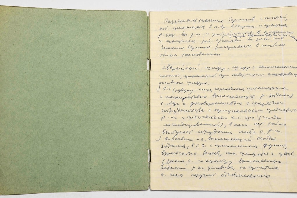 One of the handwritten files secretly copied from KGB documents and stashed away by former intelligence officer Vasili Mitrokhin (above). He built up a huge dossier now kept at the Churchill Archive Centre in Cambridge (left).Photos: AP