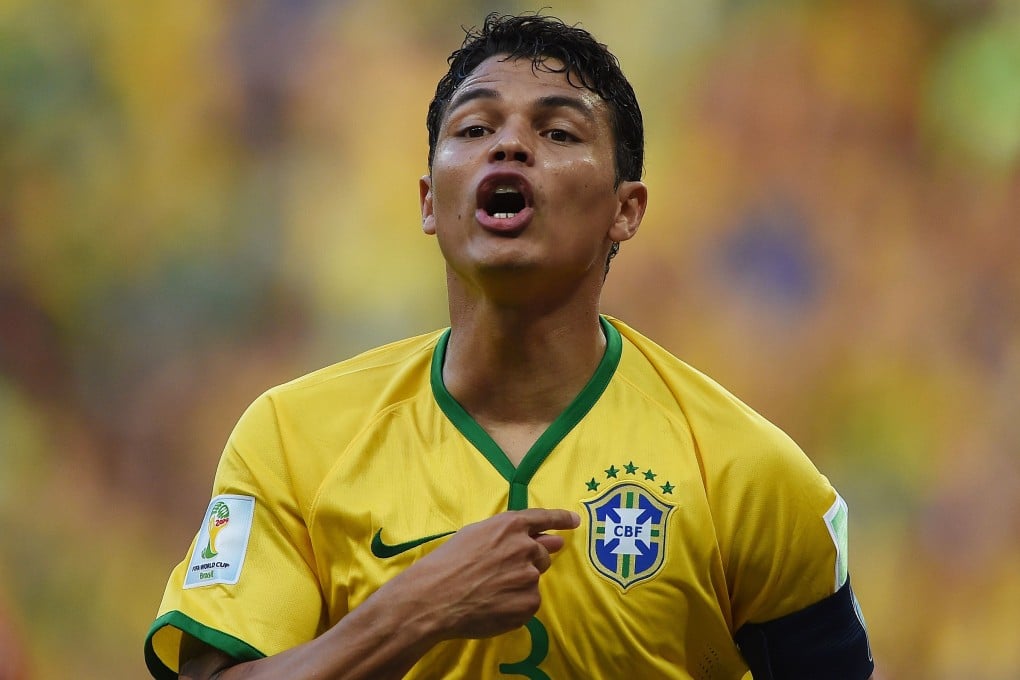 Captain Thiago Silva celebrates after scoring during the quarter-final against Colombia. Photo: AFP