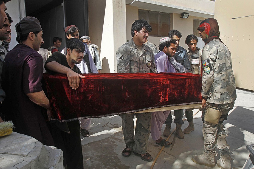 Afghan men carry a coffin of a civilian in a hospital in the city of Kandahar, south of Kabul. Photo: AP