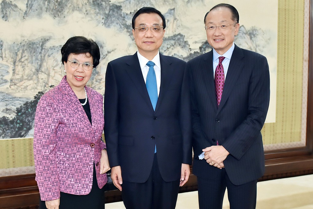 Margaret Chan meets Premier Li Keqiang (centre) and World Bank President Jim Yong Kim in Beijing. Photo: Xinhua