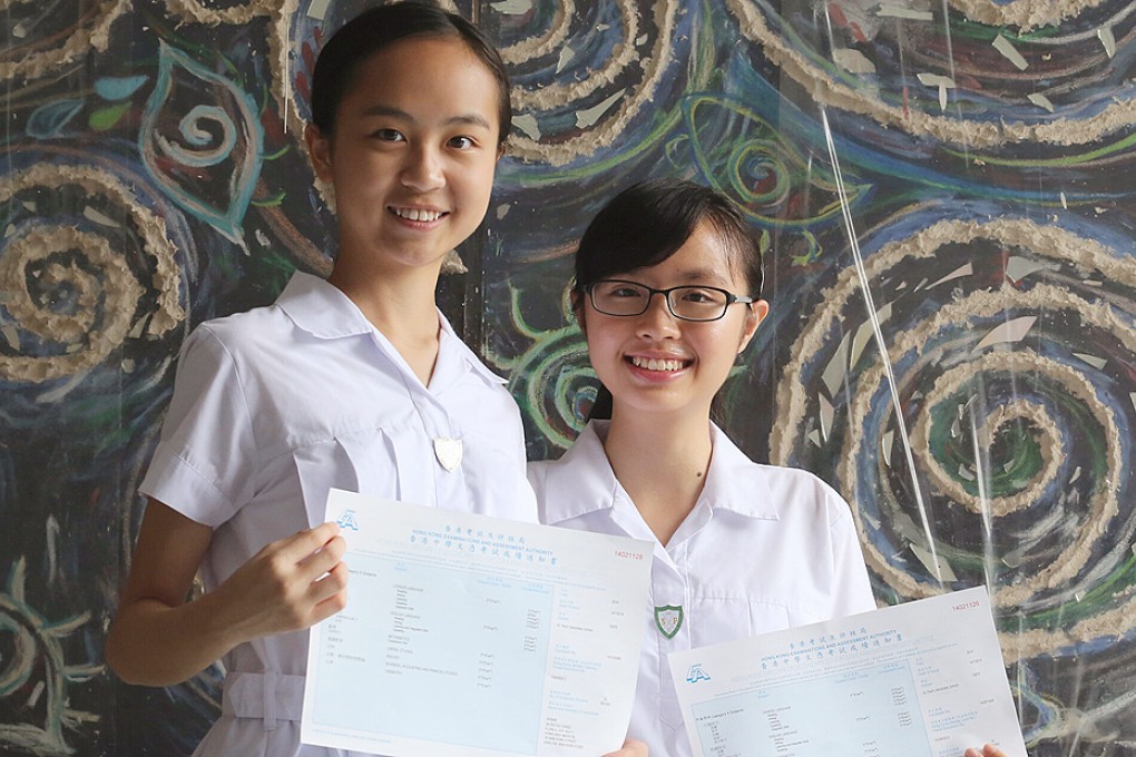 Anson Wong Hiu-ching (left) and Anna Tsui Wing-yin from St Paul's Secondary School in Happy Valley celebrate their top marks. Photo: Felix Wong