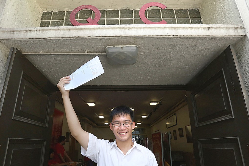 Queen's College student Ma Kwok-ming poses for pictures with his seven 5** DSE result. Photo: Jonathan Wong